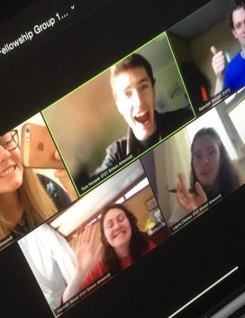 Five people waving on a video call 